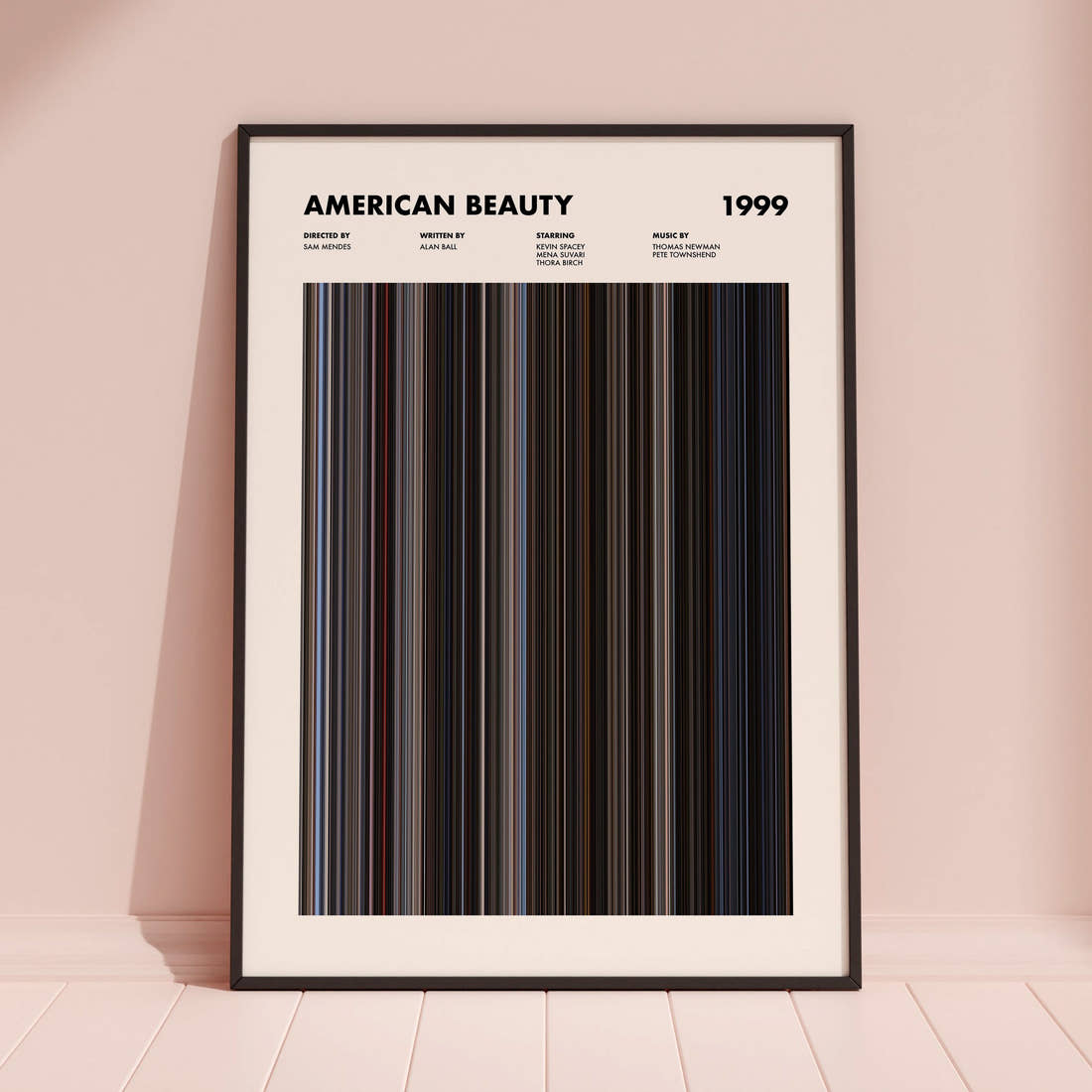 American Beauty Movie Barcode Poster framed and leaning against a coloured wall