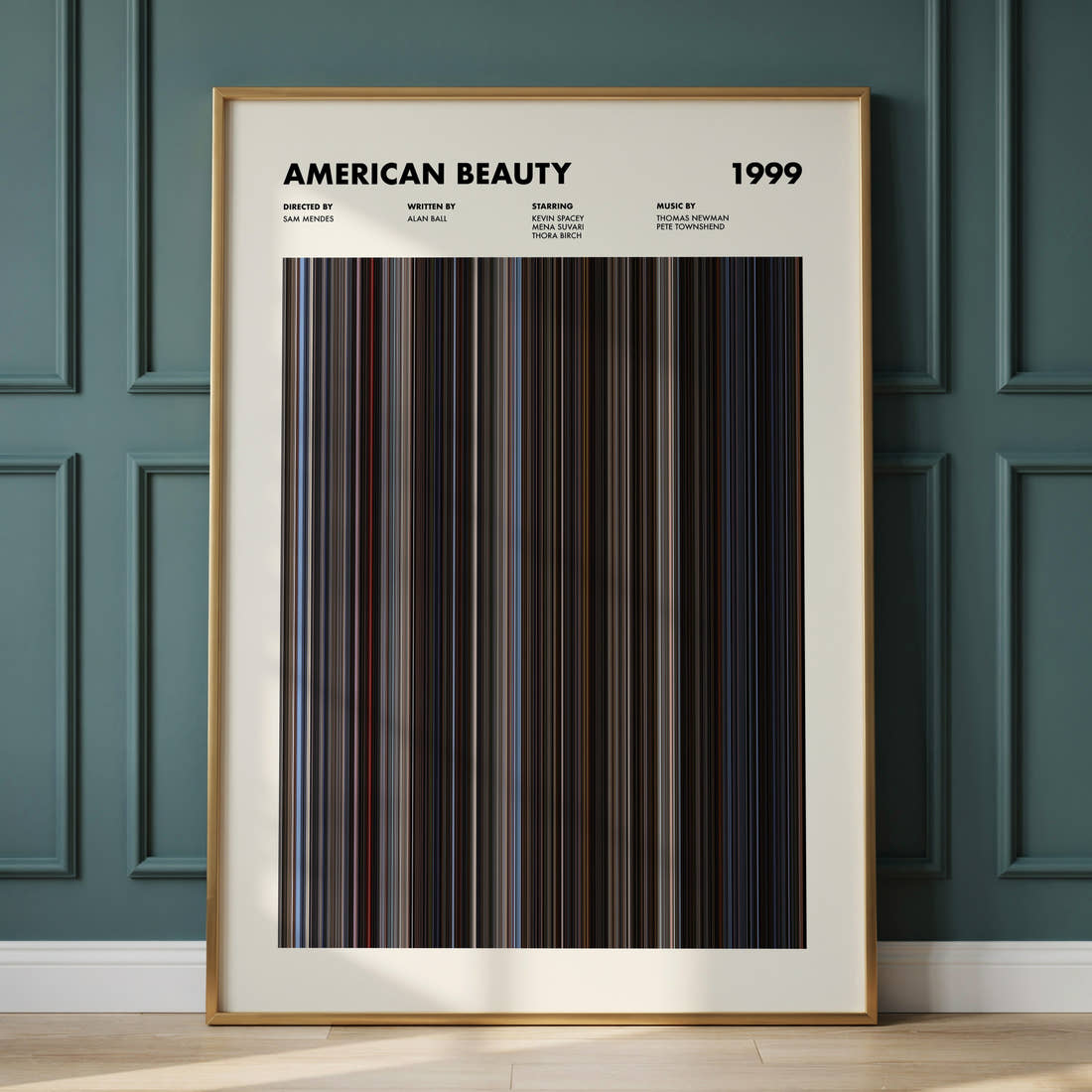 American Beauty Movie Barcode Poster framed and leaning against a panelled wall