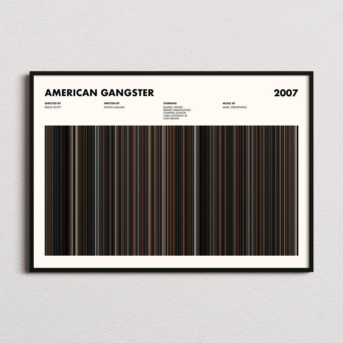 American Gangster Movie Barcode Poster framed and photographed straight on