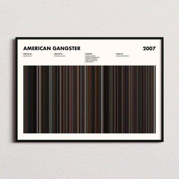 American Gangster Movie Barcode Poster framed and photographed straight on