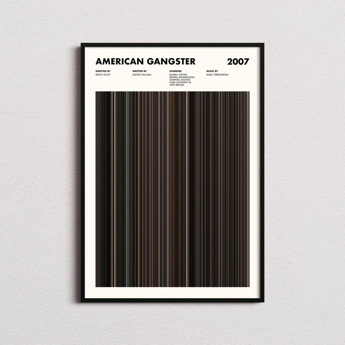 American Gangster Movie Barcode Poster framed on a plain studio wall
