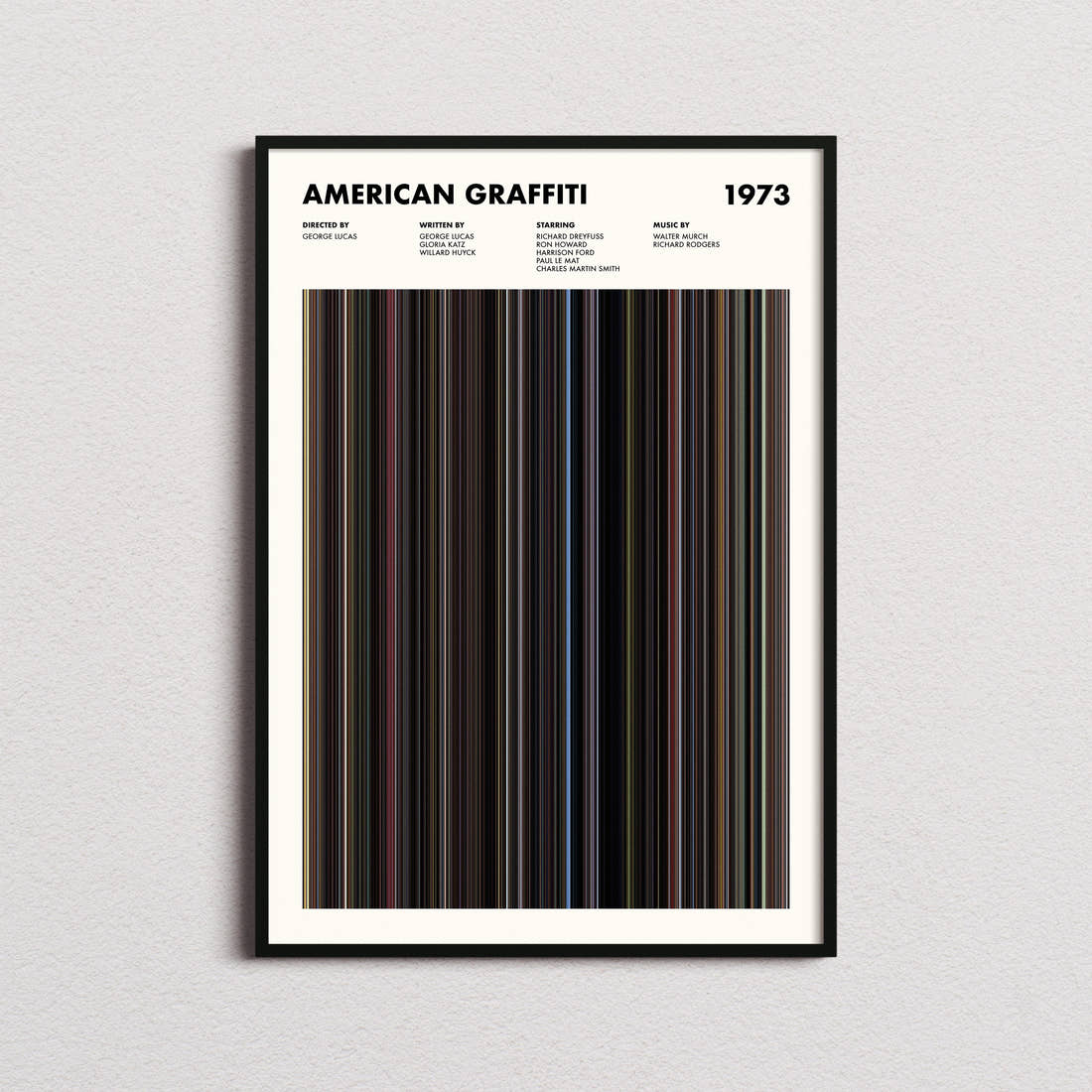 American Graffiti Movie Barcode Poster framed on a plain studio wall