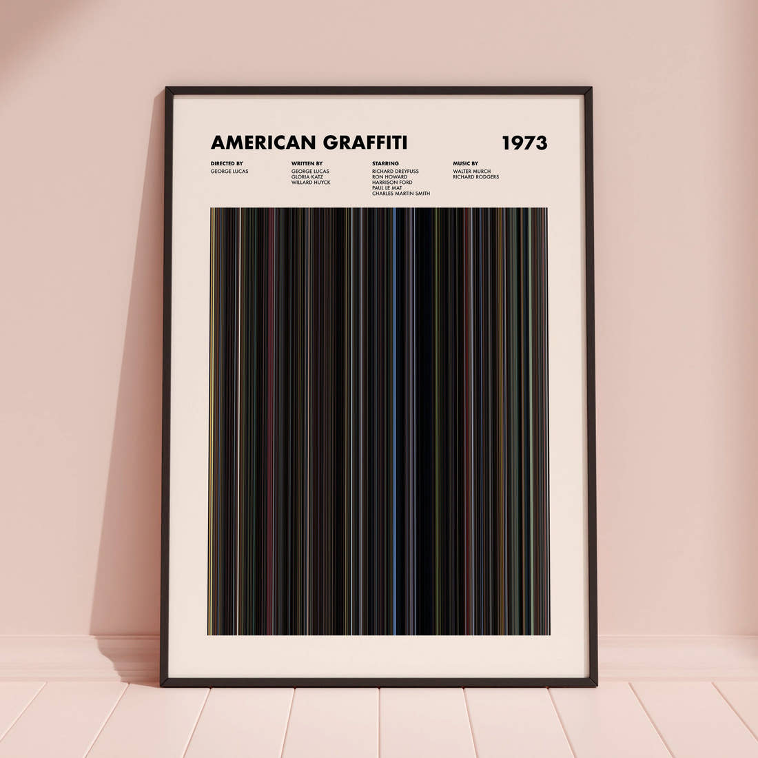 American Graffiti Movie Barcode Poster framed and leaning against a coloured wall
