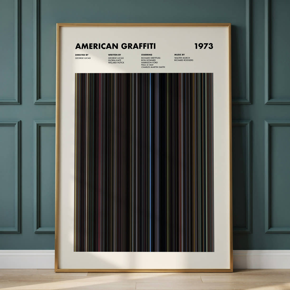 American Graffiti Movie Barcode Poster framed and leaning against a panelled wall