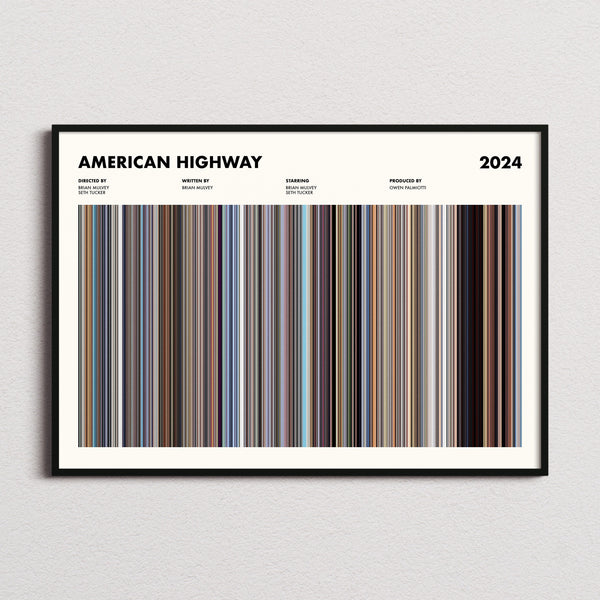 American Highway Movie Barcode Poster framed and photographed straight on