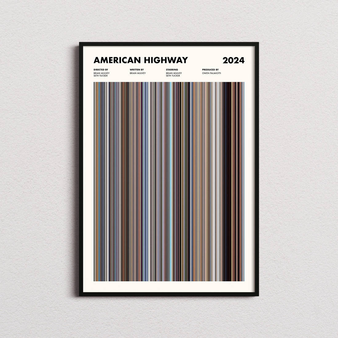 American Highway Movie Barcode Poster framed on a plain studio wall