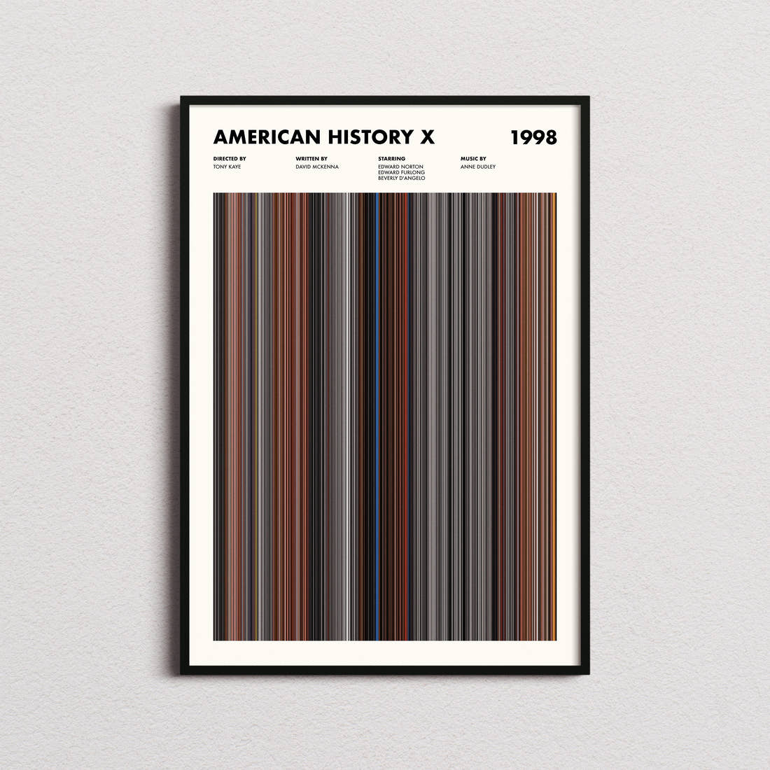 American History X Movie Barcode Poster framed on a plain studio wall