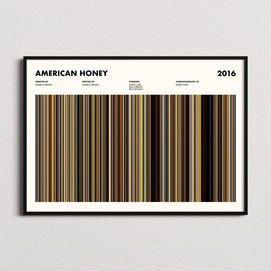 American Honey Movie Barcode Poster framed and photographed straight on