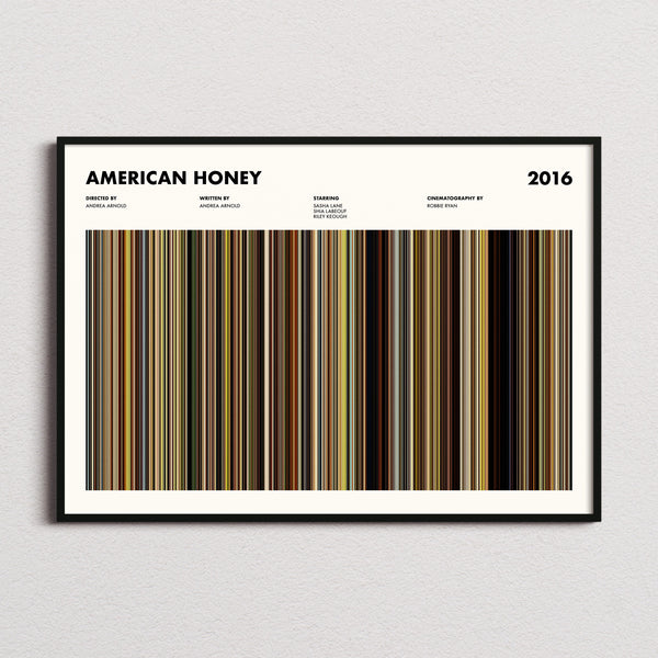 American Honey Movie Barcode Poster framed and photographed straight on