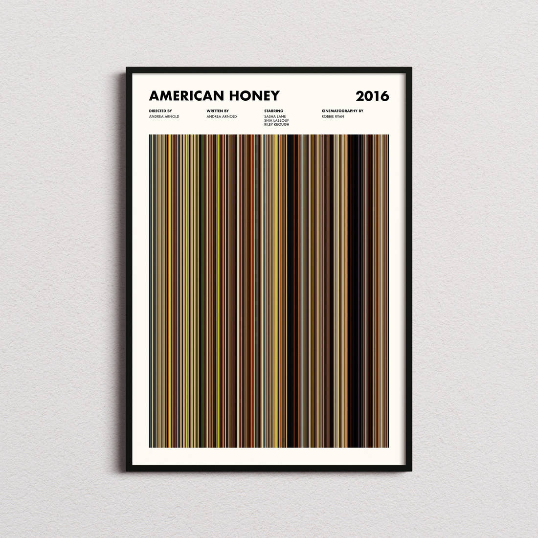 American Honey Movie Barcode Poster framed on a plain studio wall