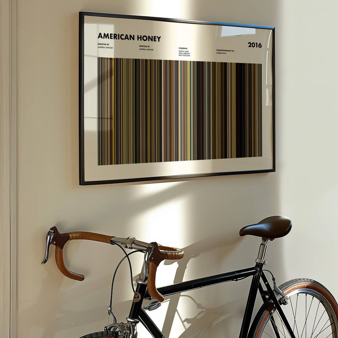 American Honey Movie Barcode Poster framed on the wall of a styled room setting