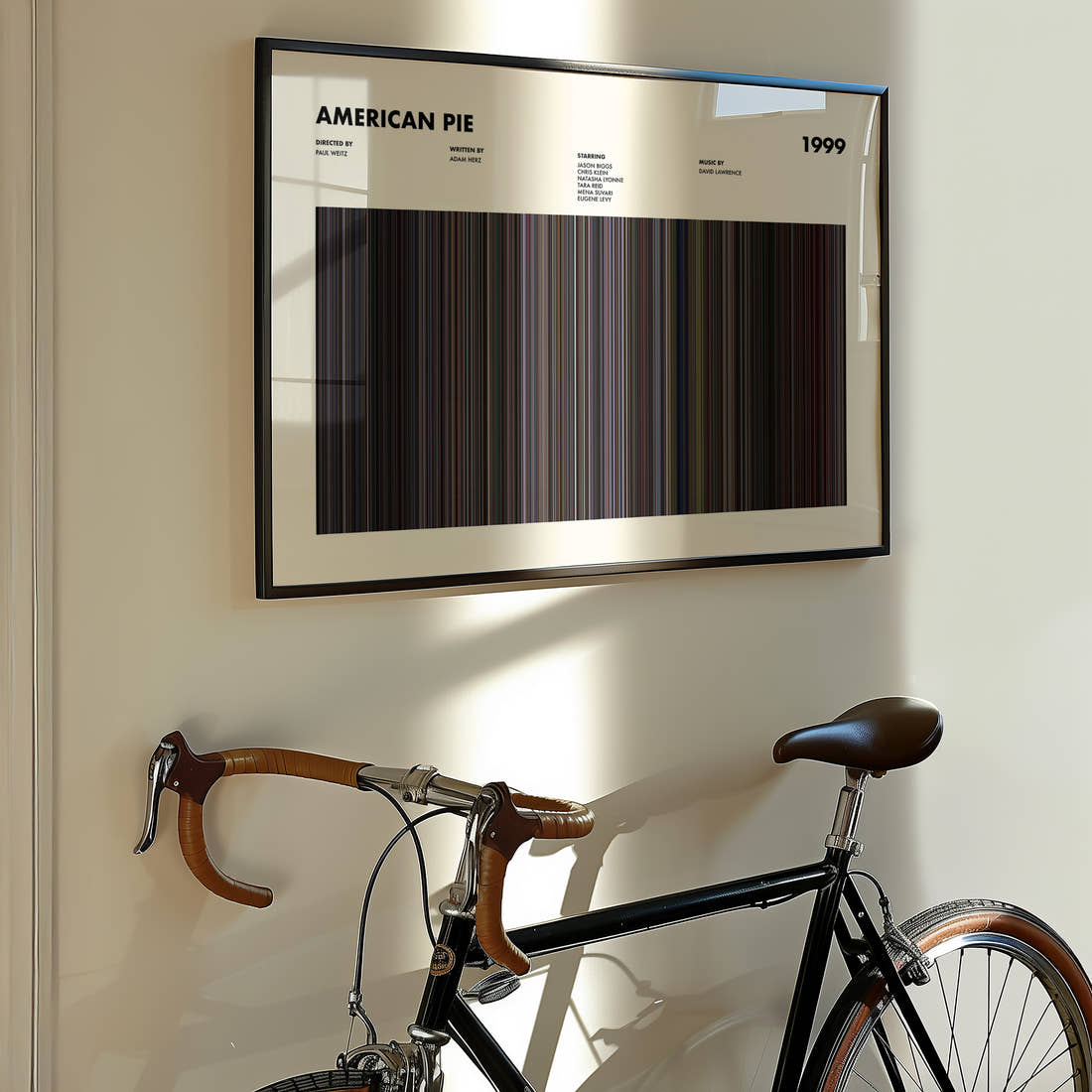 American Pie Movie Barcode Poster framed on the wall of a styled room setting