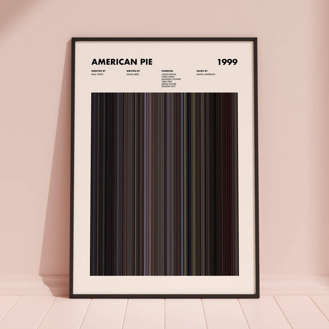 American Pie Movie Barcode Poster framed and leaning against a coloured wall