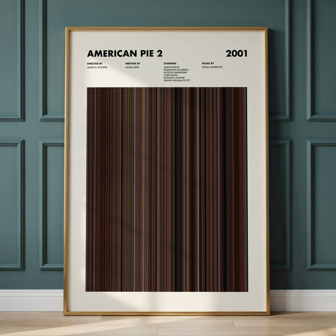American Pie 2 Movie Barcode Poster framed and leaning against a panelled wall