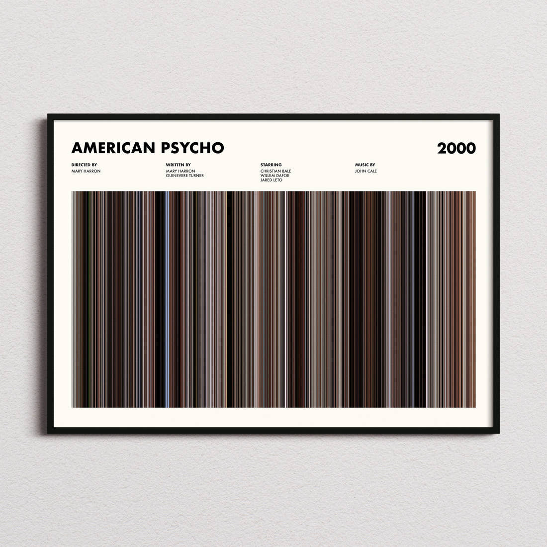 American Psycho Movie Barcode Poster framed and photographed straight on