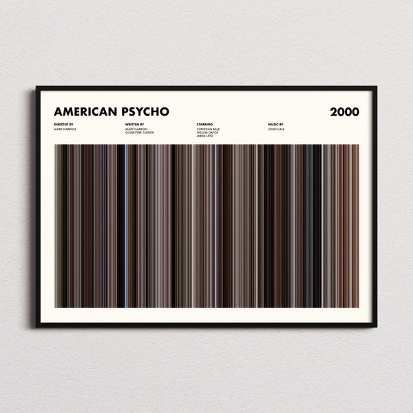 American Psycho Movie Barcode Poster framed and photographed straight on