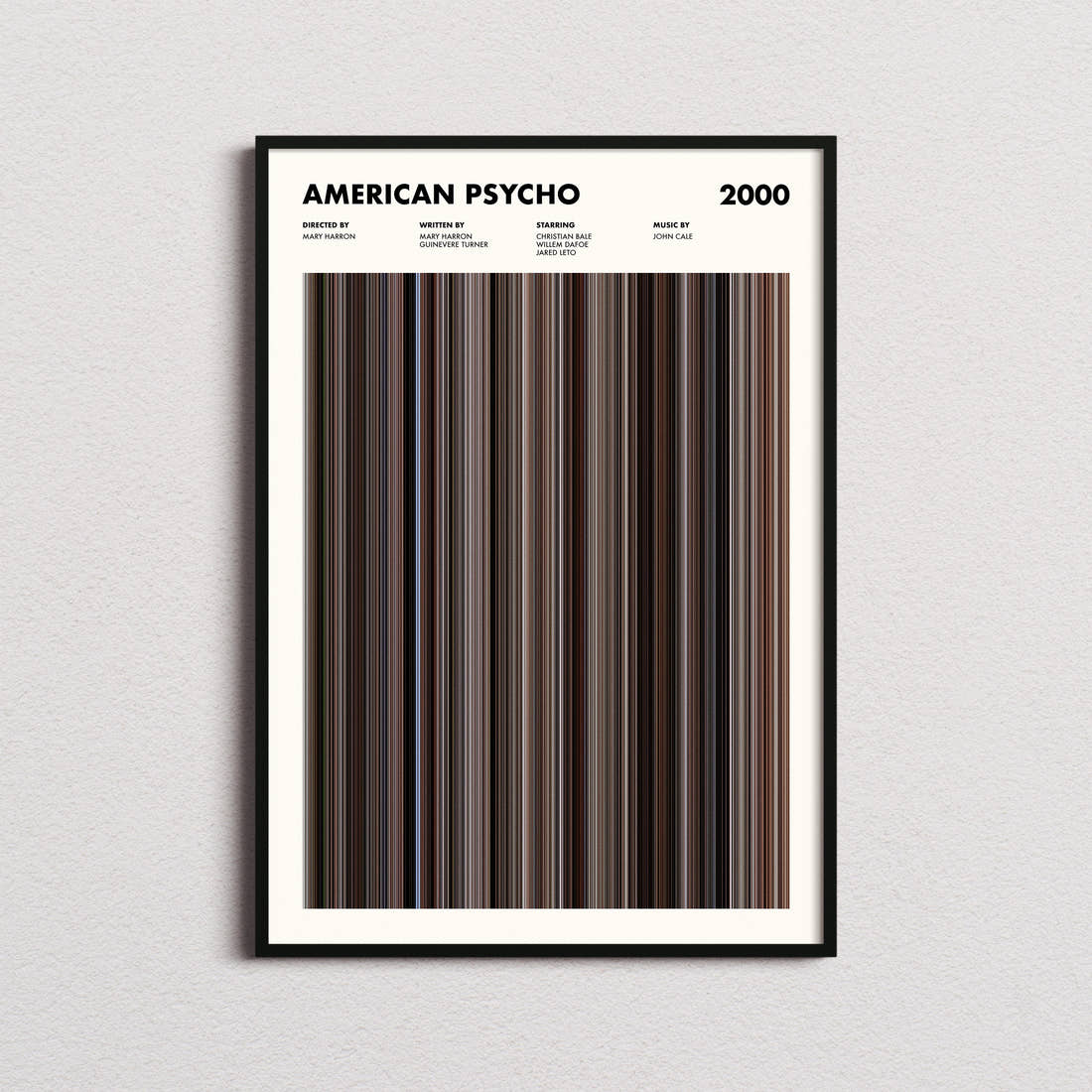 American Psycho Movie Barcode Poster framed on a plain studio wall