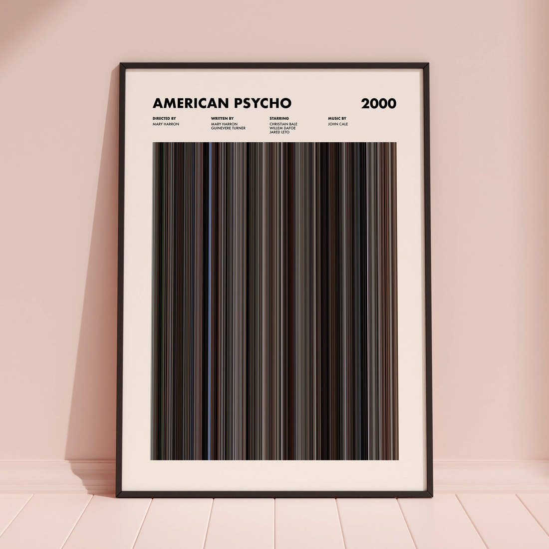 American Psycho Movie Barcode Poster framed and leaning against a coloured wall