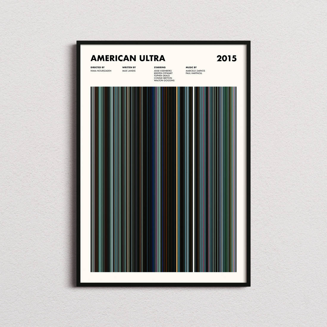 American Ultra Movie Barcode Poster framed on a plain studio wall