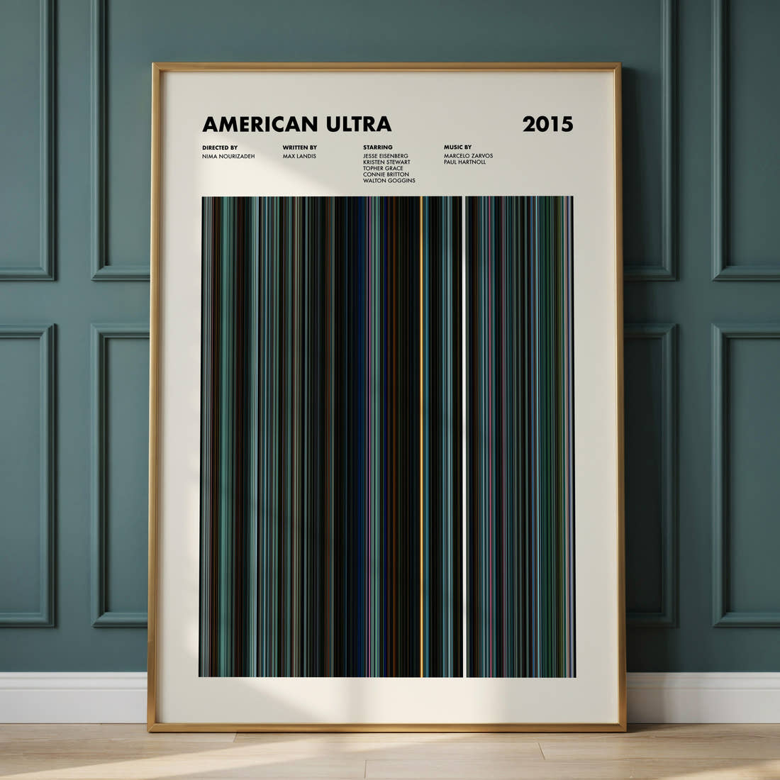 American Ultra Movie Barcode Poster framed and leaning against a panelled wall