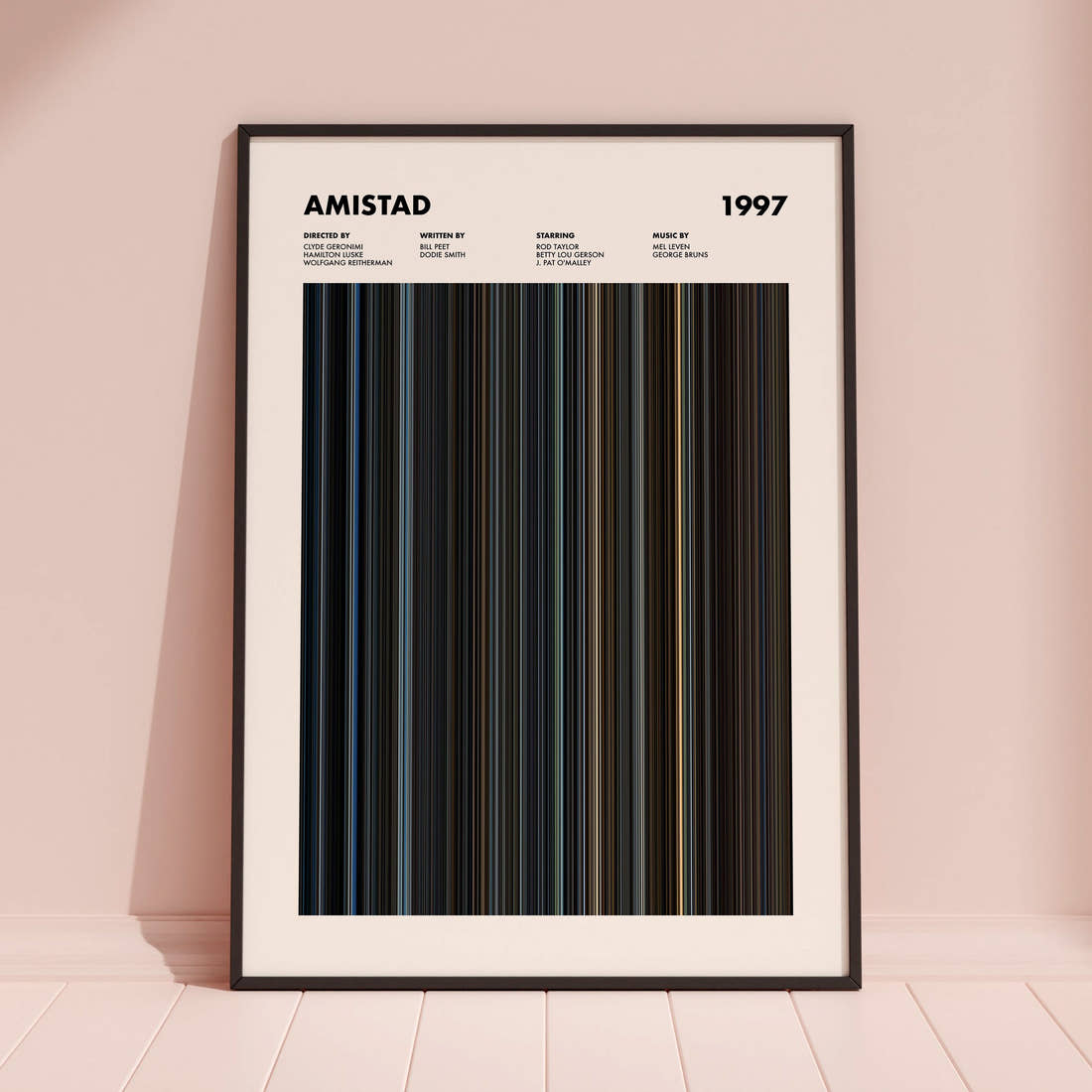 Amistad Movie Barcode Poster framed and leaning against a coloured wall