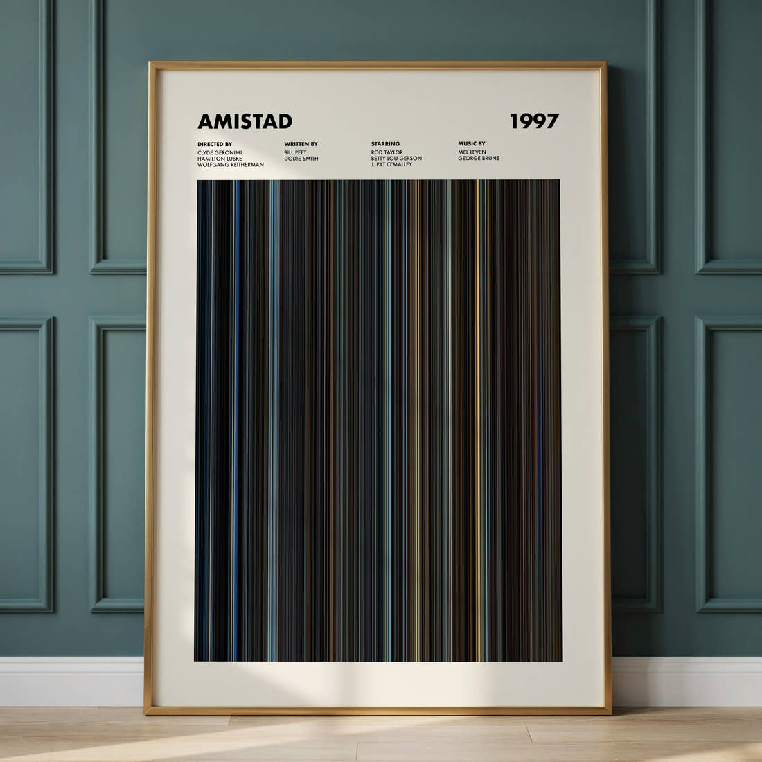 Amistad Movie Barcode Poster framed and leaning against a panelled wall