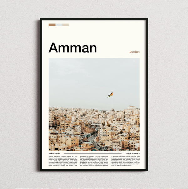Amman - Cityscape With Flag - Travel Print