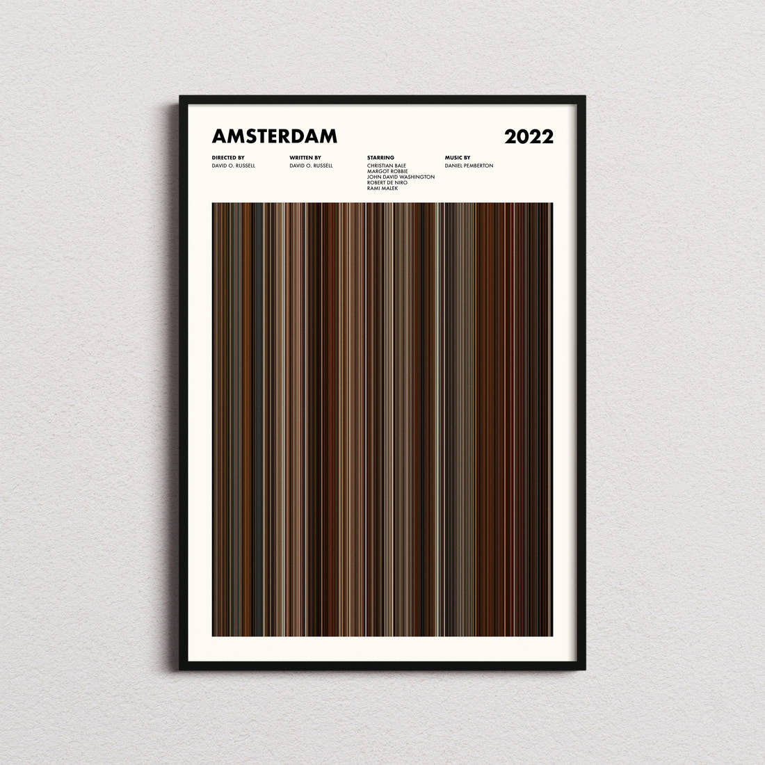 Amsterdam Movie Barcode Poster framed on a plain studio wall