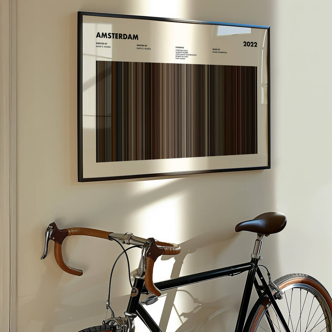 Amsterdam Movie Barcode Poster framed on the wall of a styled room setting