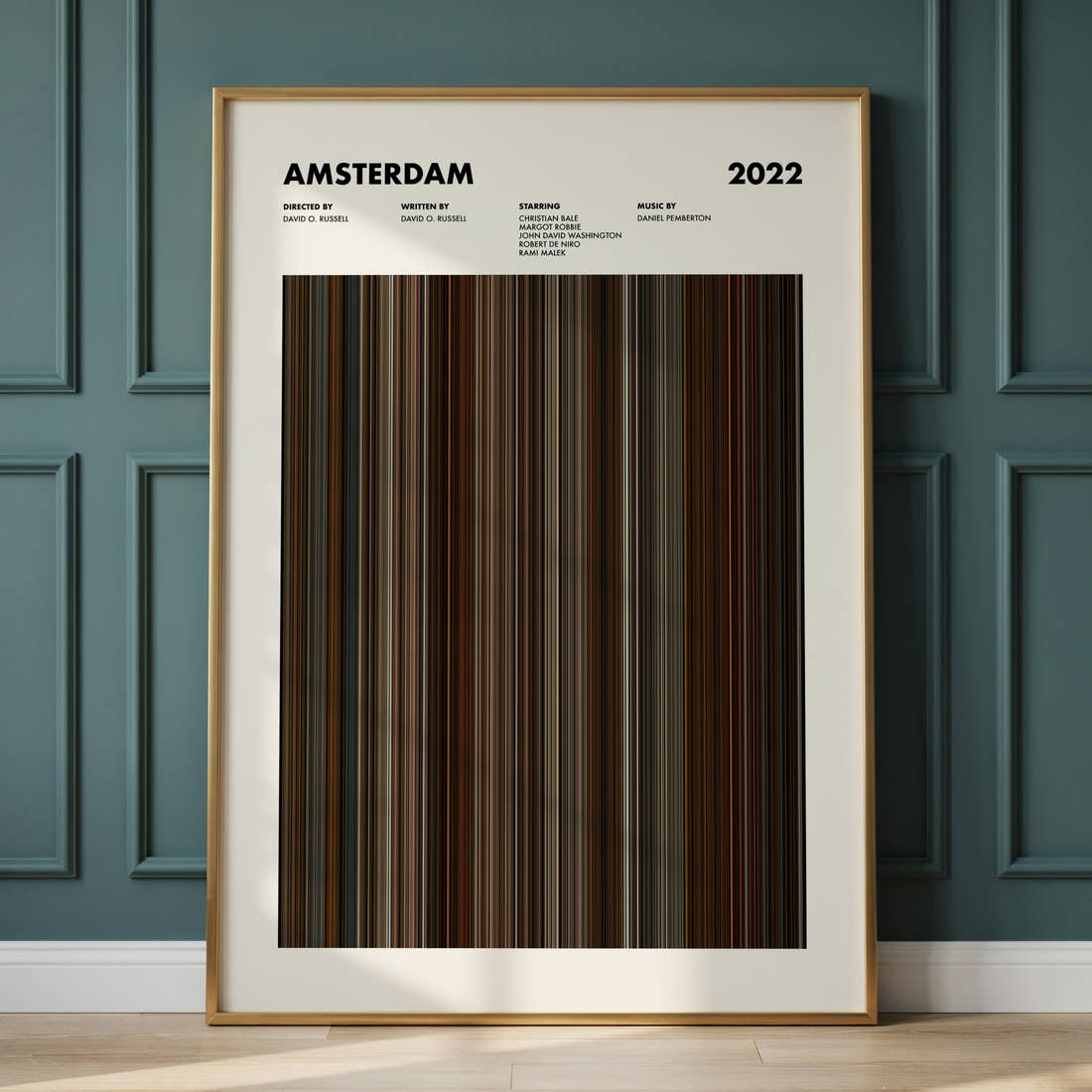 Amsterdam Movie Barcode Poster framed and leaning against a panelled wall