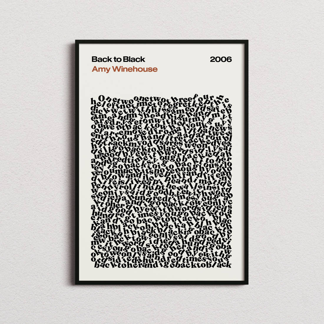 Amy Winehouse Back to Black Lyric Print in the cream colourway, framed