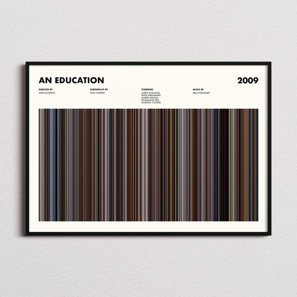An Education Movie Barcode Poster framed and photographed straight on