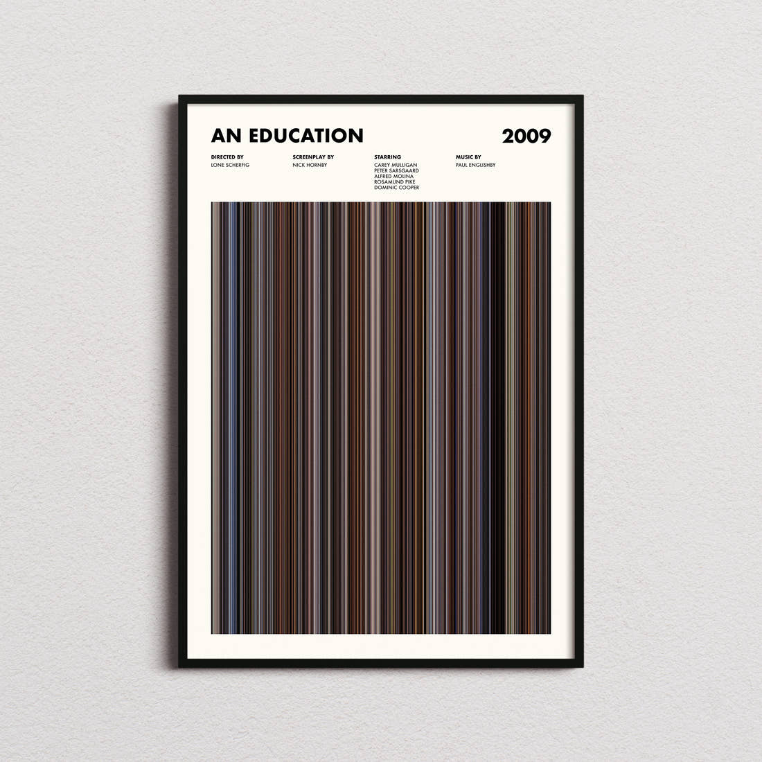 An Education Movie Barcode Poster framed on a plain studio wall