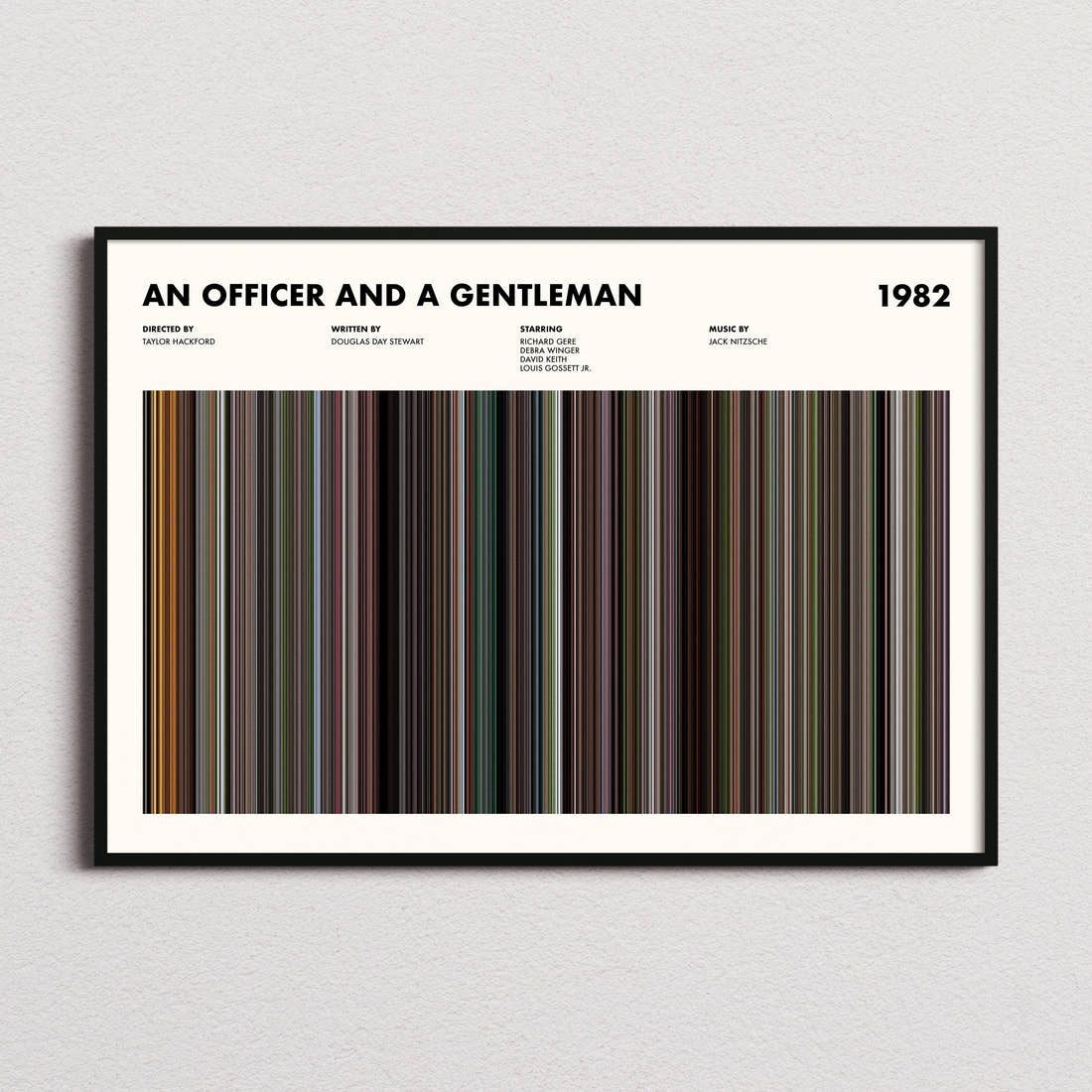 An Officer and a Gentleman Movie Barcode Poster framed and photographed straight on