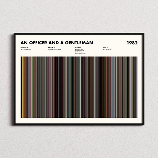 An Officer and a Gentleman Movie Barcode Poster framed and photographed straight on