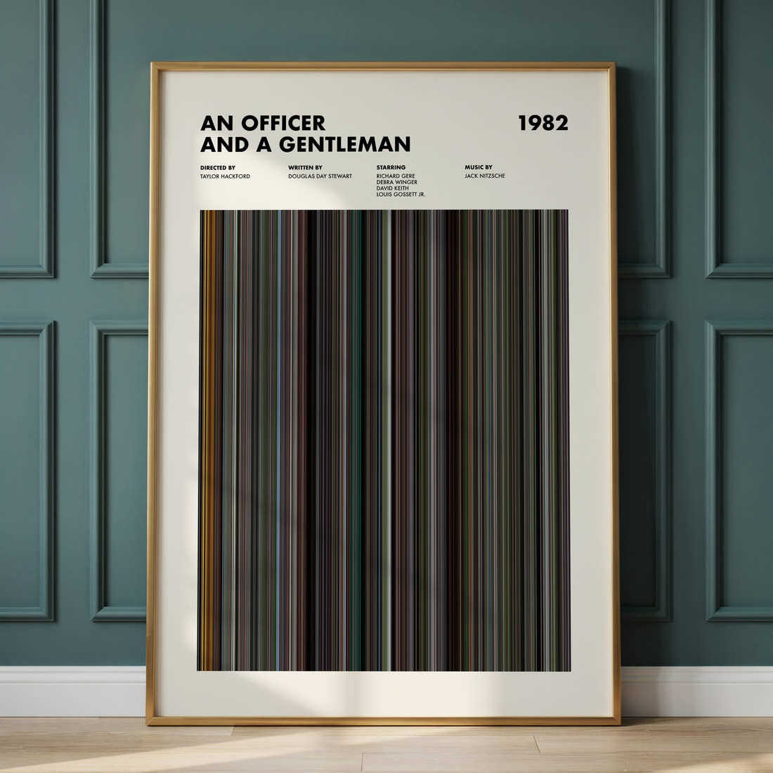 An Officer and a Gentleman Movie Barcode Poster framed and leaning against a panelled wall