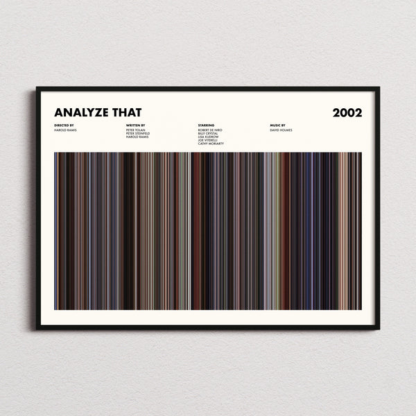 Analyze That Movie Barcode Poster framed and photographed straight on