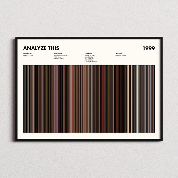 Analyze This Movie Barcode Poster framed and photographed straight on