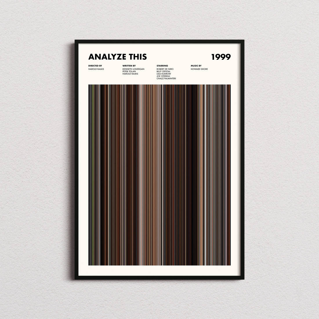 Analyze This Movie Barcode Poster framed on a plain studio wall