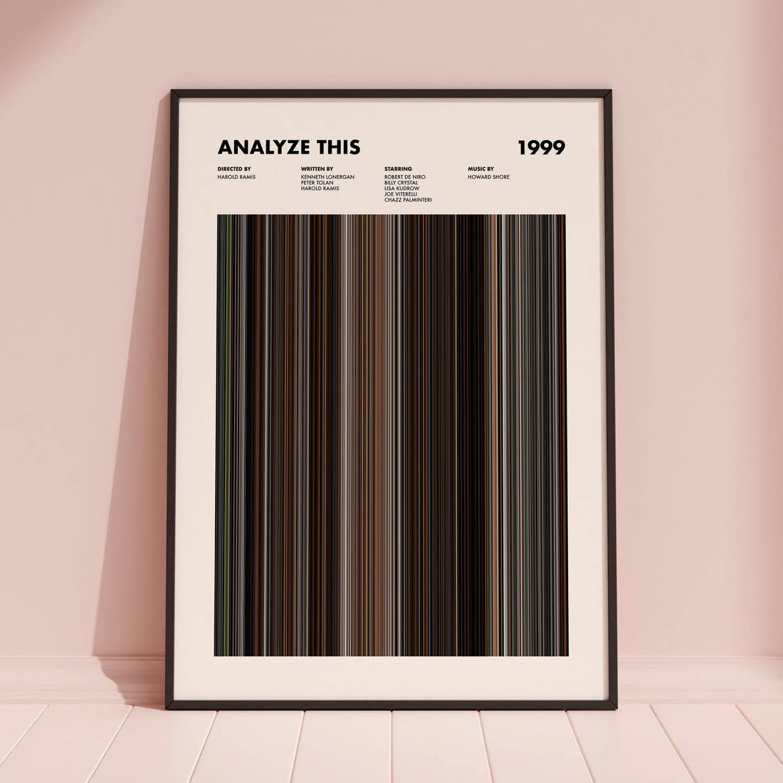 Analyze This Movie Barcode Poster framed and leaning against a coloured wall