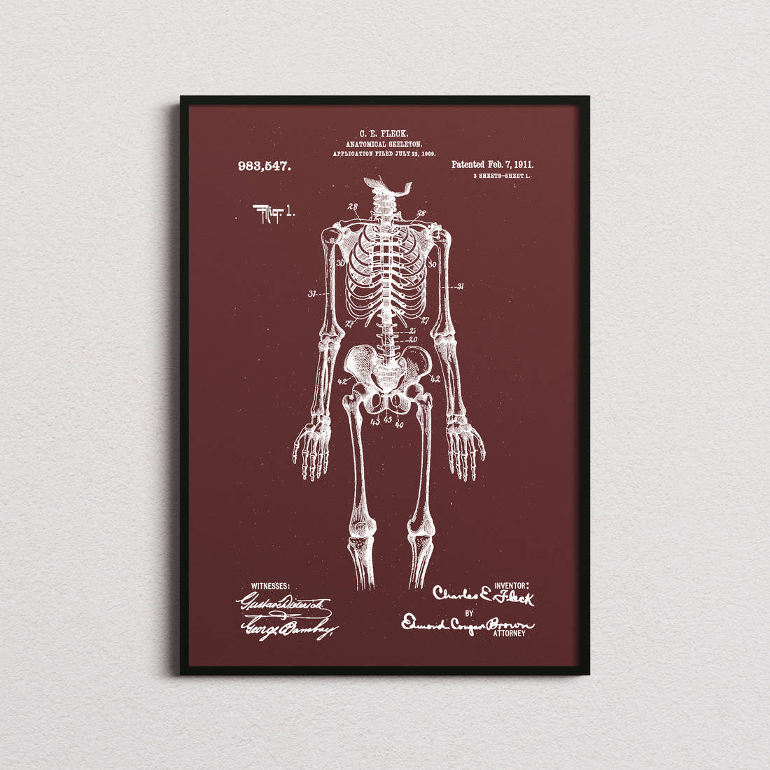 Anatomical Skeleton Patent Print in the burgundy colourway, framed