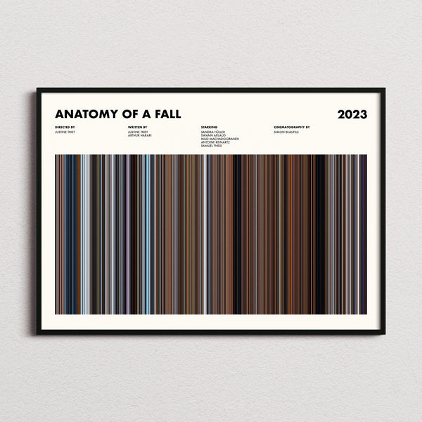 Anatomy of a Fall Movie Barcode Poster framed and photographed straight on