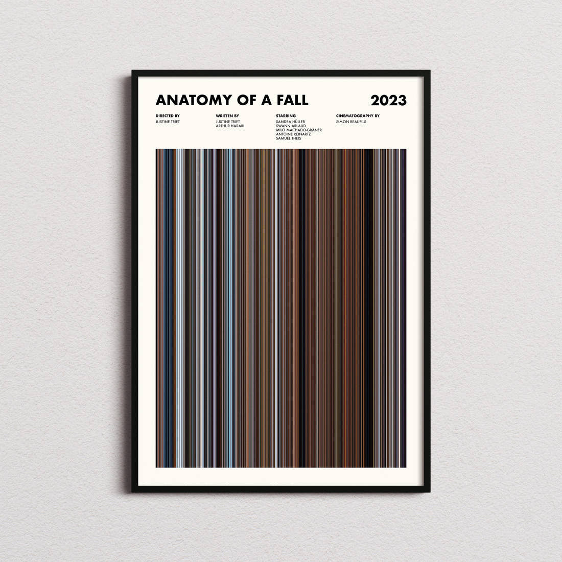 Anatomy of a Fall Movie Barcode Poster framed on a plain studio wall