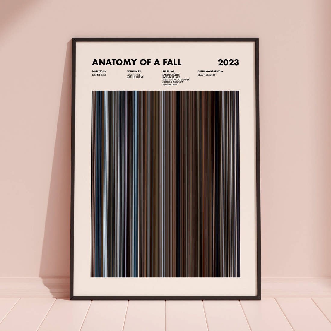 Anatomy of a Fall Movie Barcode Poster framed and leaning against a coloured wall