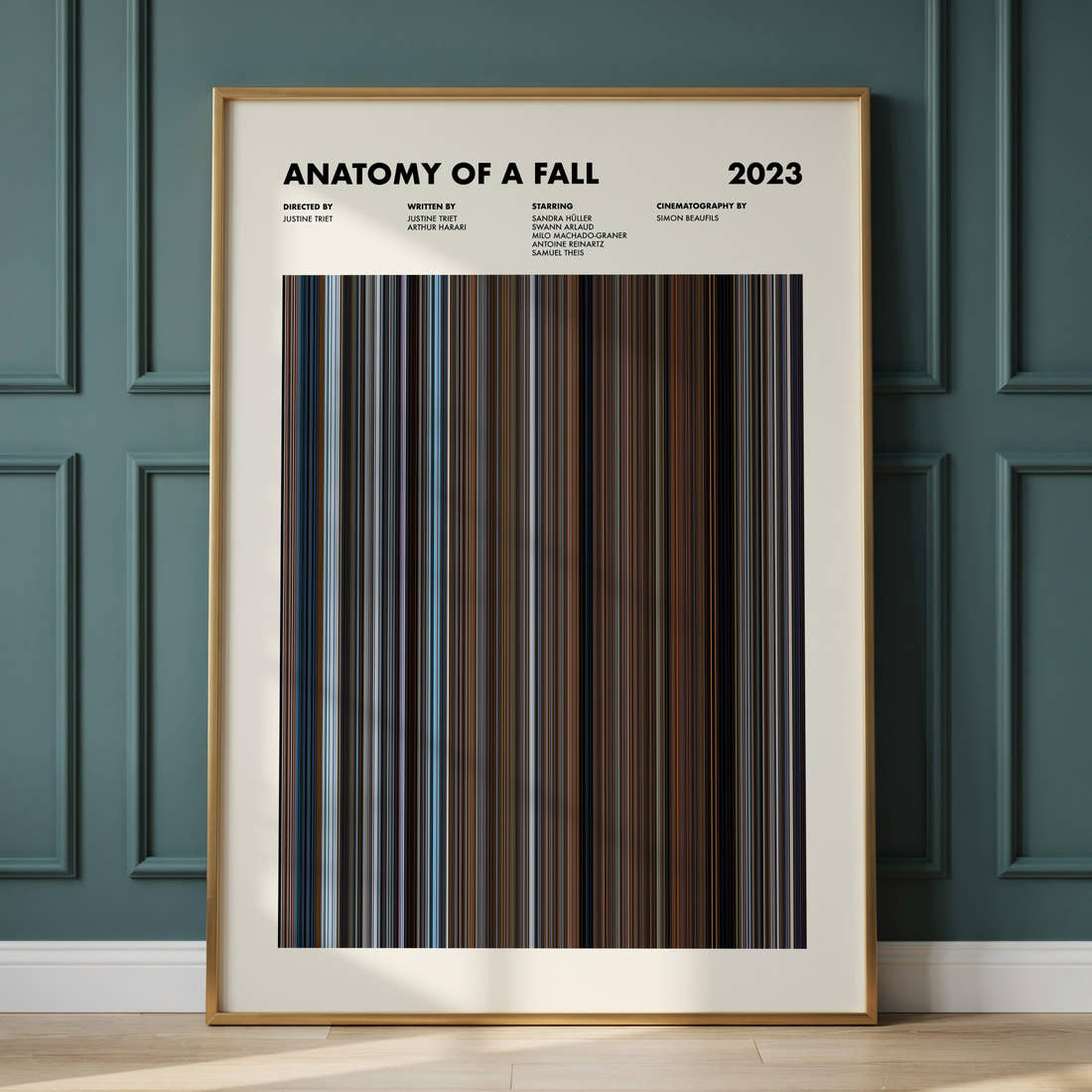 Anatomy of a Fall Movie Barcode Poster framed and leaning against a panelled wall