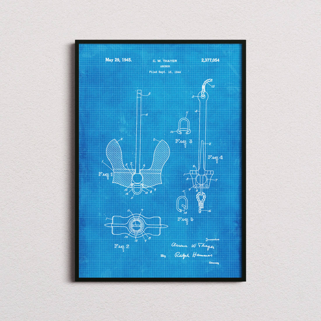 Anchor Patent Print in the blueprint colourway, framed