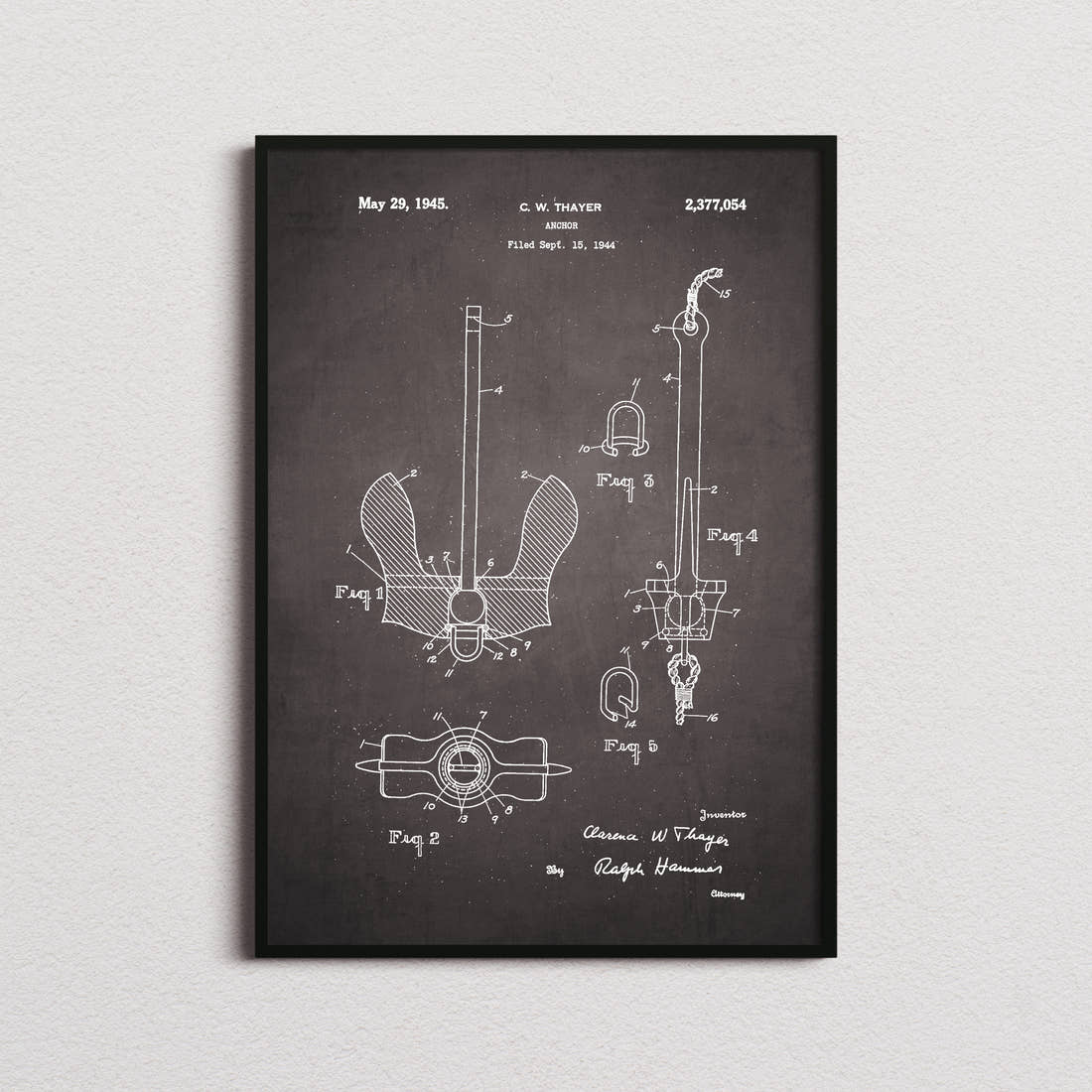 Anchor Patent Print in the blackboard colourway, framed