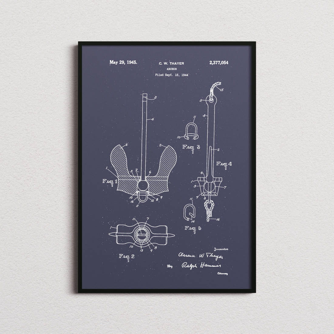 Anchor Patent Print in the navy colourway, framed