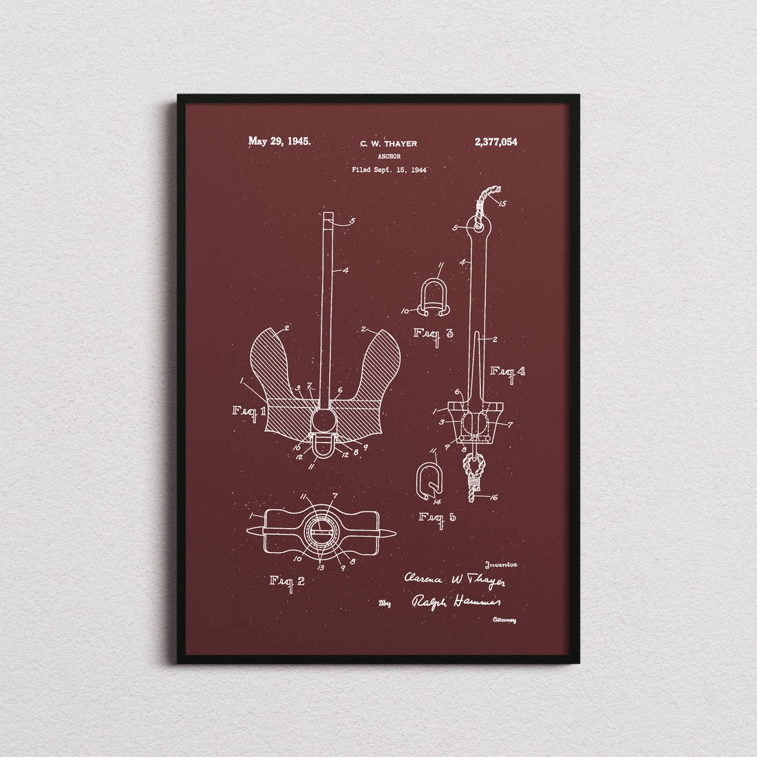 Anchor Patent Print in the burgundy colourway, framed