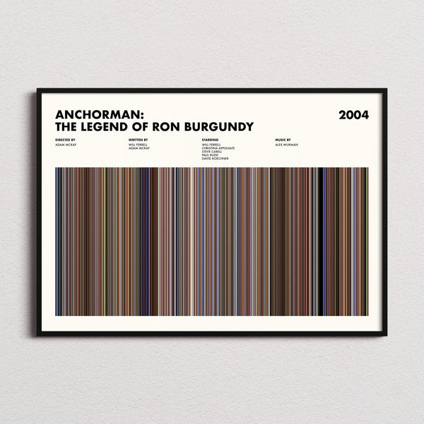 Anchorman: The Legend of Ron Burgundy Movie Barcode Poster framed and photographed straight on
